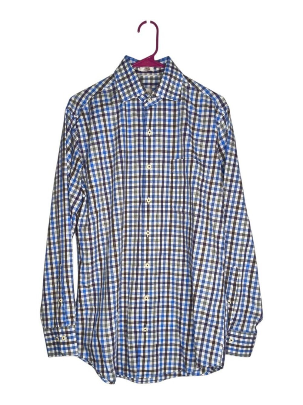 Peter Millar Blue Brown White Gingham Check Pattern Long Sleeve Button Up Medium
